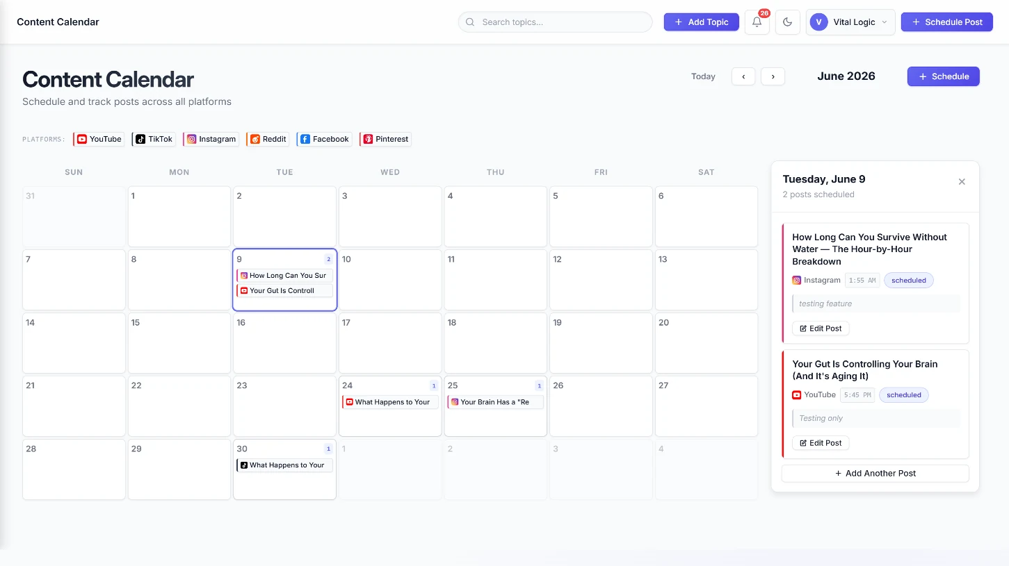 Vital Logic Content Calendar day detail: two scheduled posts with platform, time, and status